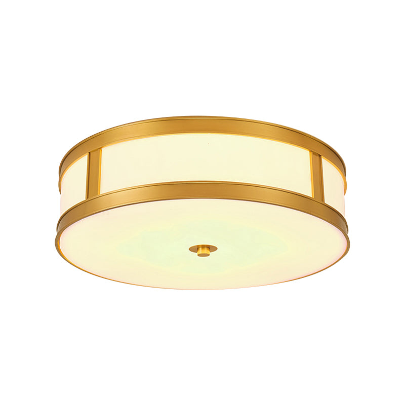 Traditional Brass Drum Flush Mount Ceiling Light Fixture with White Glass - 4 Lights - 14"/18" Width