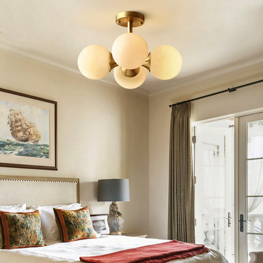 Traditional Semi-Flush Dining Room Ceiling Light with White Globe Glass Shade and Gold Finish