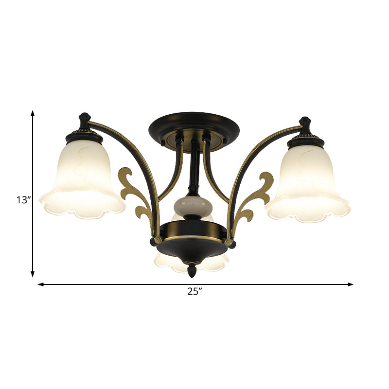 Vintage Floral White Glass Ceiling Lamp with 3/6/8 Lights for Dining Room - Semi Flush Mount in Black
