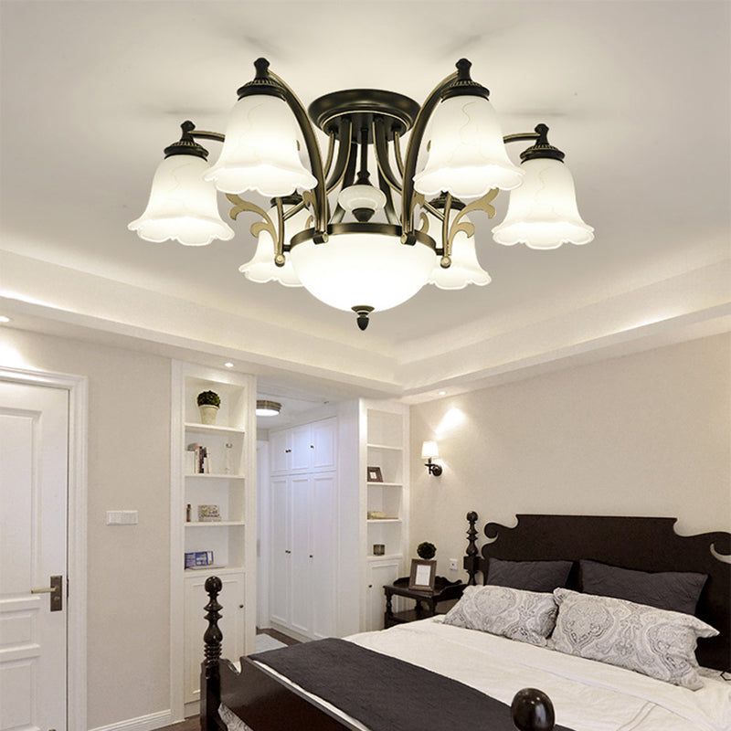 Vintage Floral White Glass Ceiling Lamp with 3/6/8 Lights for Dining Room - Semi Flush Mount in Black
