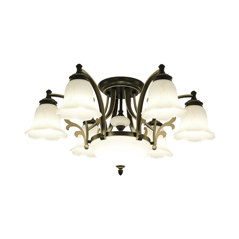 Vintage Floral White Glass Ceiling Lamp with 3/6/8 Lights for Dining Room - Semi Flush Mount in Black