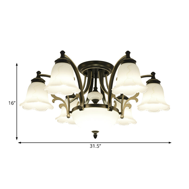 Vintage Floral White Glass Ceiling Lamp with 3/6/8 Lights for Dining Room - Semi Flush Mount in Black