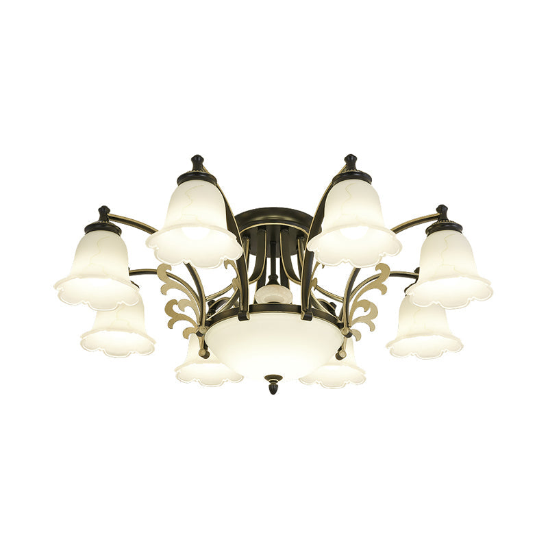 Vintage Floral White Glass Ceiling Lamp with 3/6/8 Lights for Dining Room - Semi Flush Mount in Black