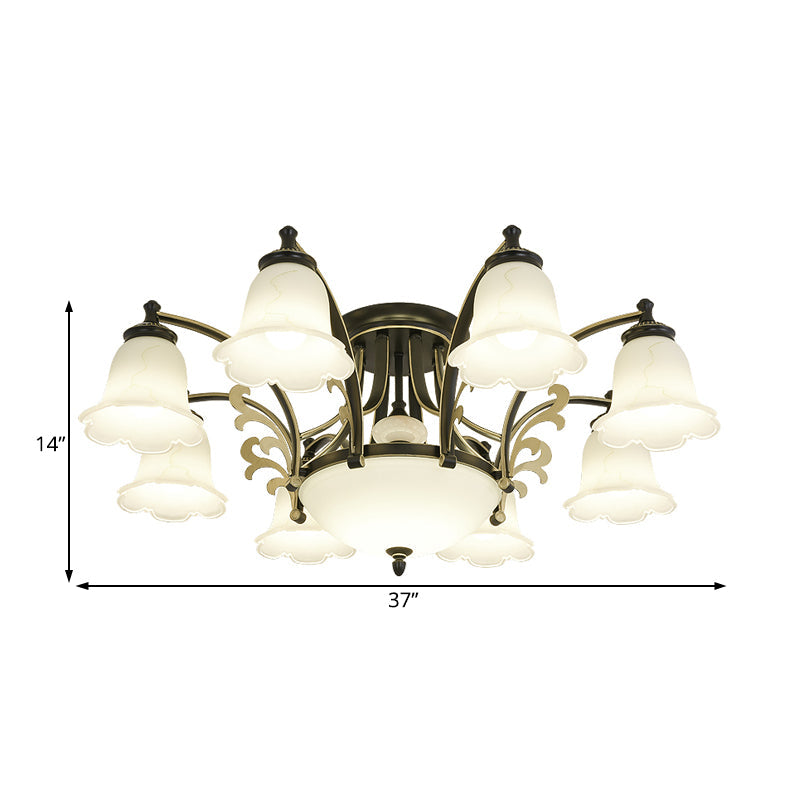 Vintage Floral White Glass Ceiling Lamp with 3/6/8 Lights for Dining Room - Semi Flush Mount in Black