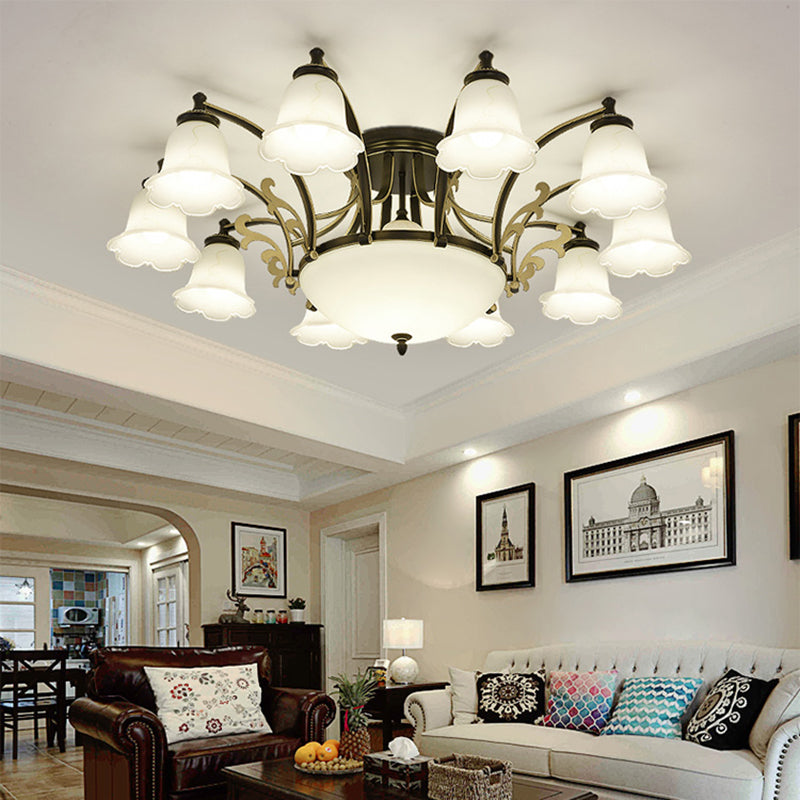 Vintage Floral White Glass Ceiling Lamp with 3/6/8 Lights for Dining Room - Semi Flush Mount in Black