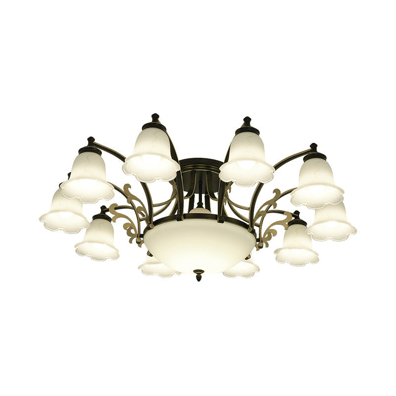 Vintage Floral White Glass Ceiling Lamp with 3/6/8 Lights for Dining Room - Semi Flush Mount in Black