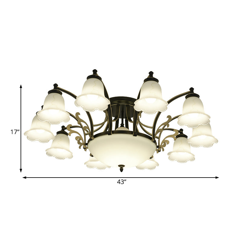 Vintage Floral White Glass Ceiling Lamp with 3/6/8 Lights for Dining Room - Semi Flush Mount in Black