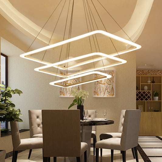 Contemporary Metallic LED Chandelier Pendant Light - Rectangular Layered Design for Living Room in White