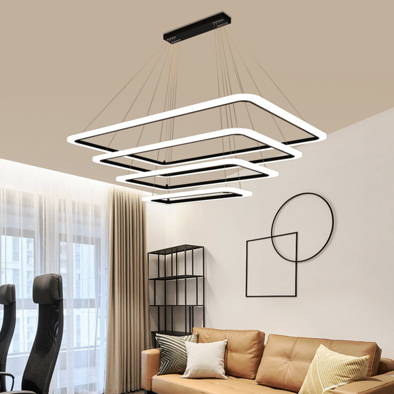Rectangular 4-Tier LED Suspension Chandelier in Nordic Black Acrylic