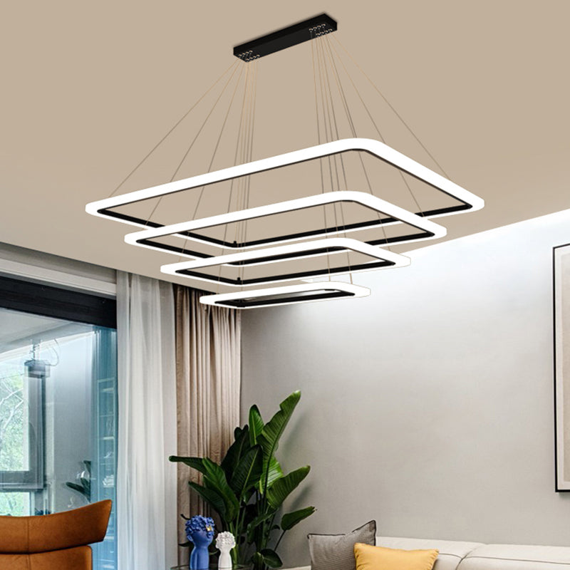 Rectangular 4-Tier LED Suspension Chandelier in Nordic Black Acrylic