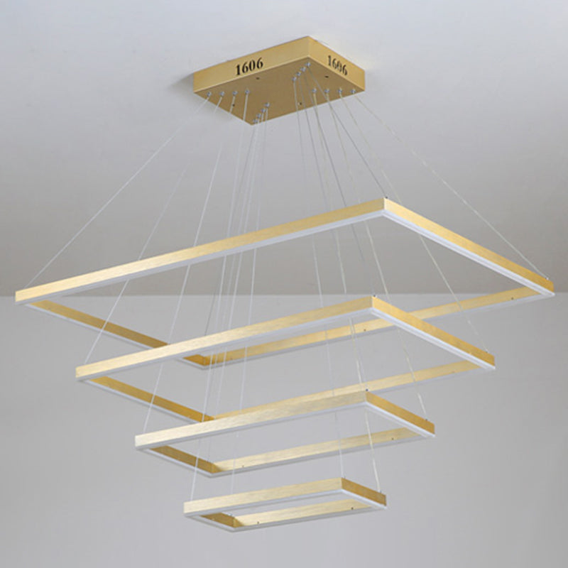 Lustre moderne en aluminium doré : plafonnier LED rectangulaire à 4 niveaux