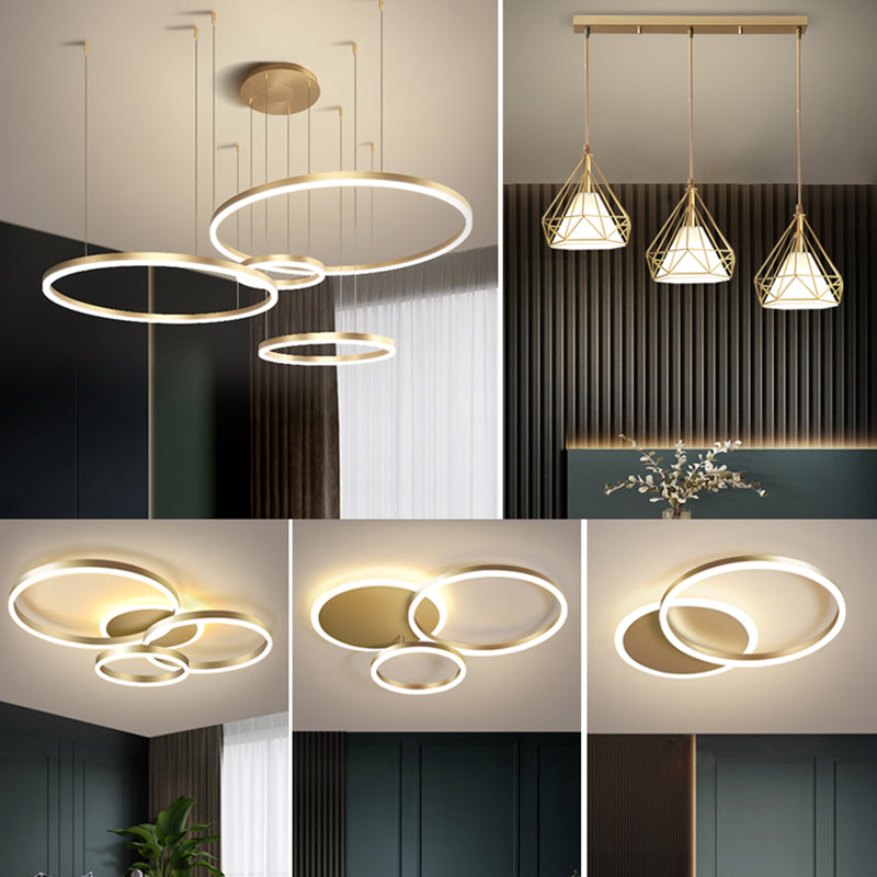 Suspension LED dorée minimaliste avec design à plusieurs niveaux pour l'éclairage du lustre du salon