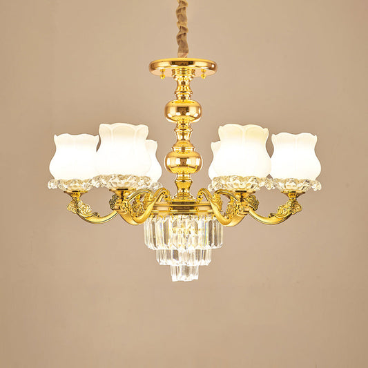 Traditional Opal Glass Gold Chandelier With Crystal Deco - Flower Restaurant Hanging Light Fixture 6