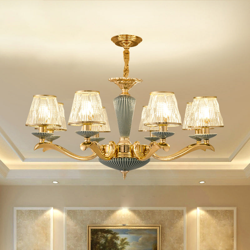 Antique Gold Ribbed Glass Chandelier - Elegant Bedroom Ceiling Pendant Lamp