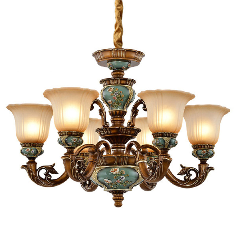 Retro Green Glass Chandelier Ceiling Light With Bell Hanging Design