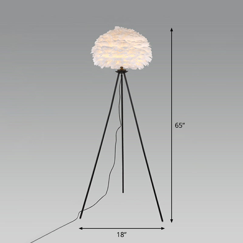 Minimalist Black-White Floor Lamp With Feather Dome Shade - 1-Light Living Room Stand Up Light