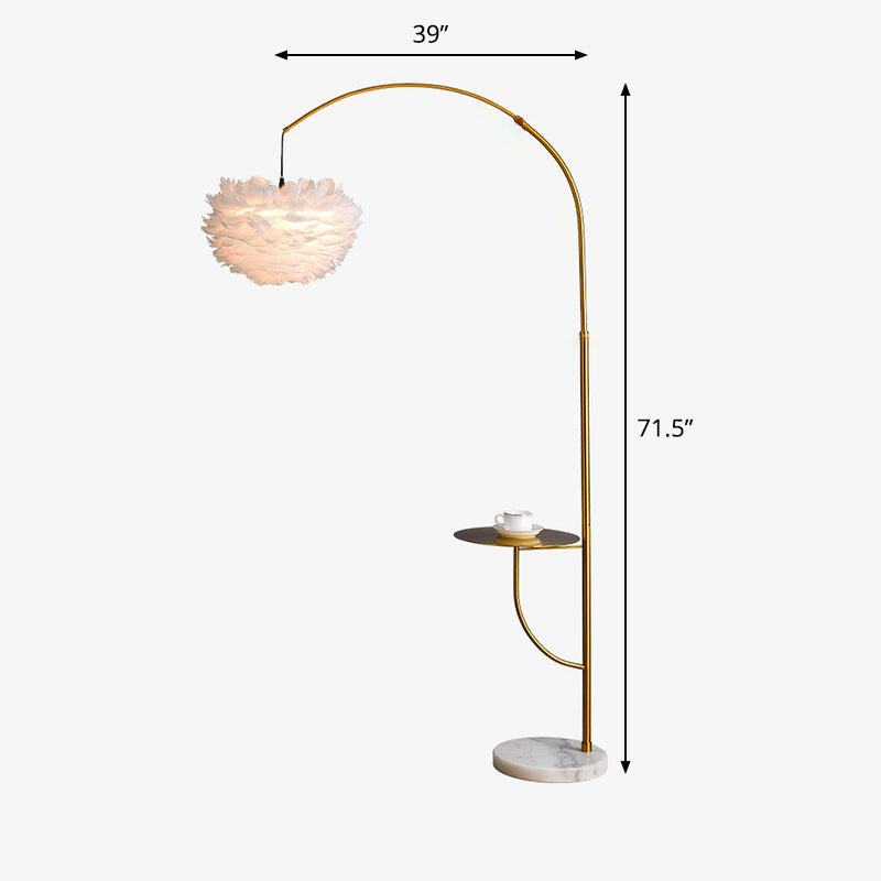 Antique Gold Arc Standing Lamp: Postmodern Metal Tray Floor Light With Feather Shade
