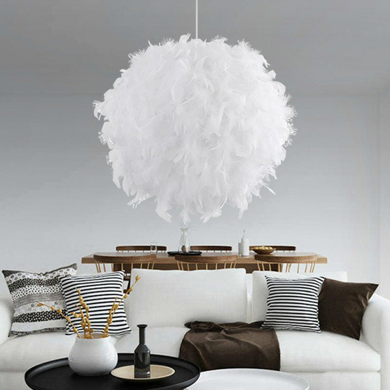 Simple Feather Hanging Light Fixture for Bedroom - White Globe Pendulum Light with 1 Head