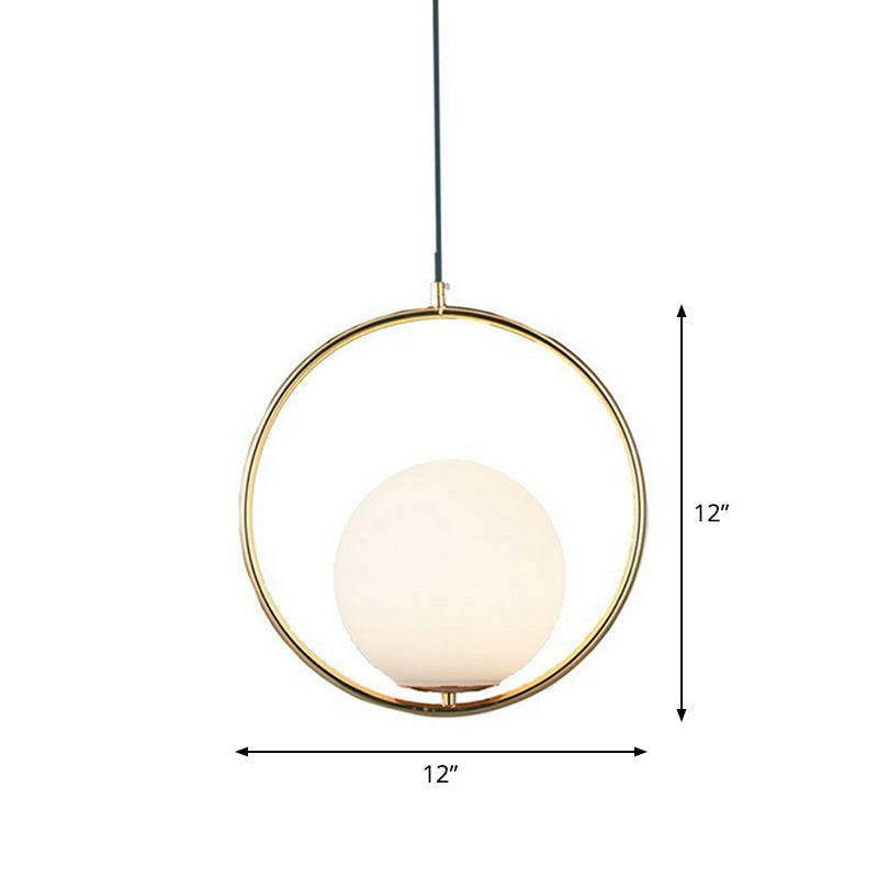 Sleek White Glass Hanging Pendant Light with Brass Metal Ring – Post-Modern Design