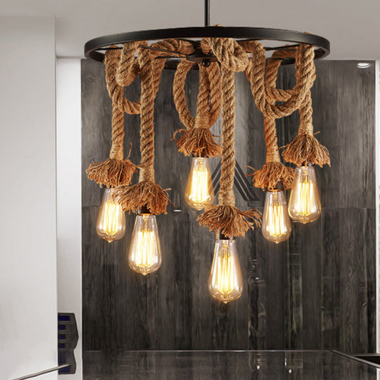 Lustre rustique à 6 lumières avec ampoule ouverte marron - Lampe suspendue pour restaurant