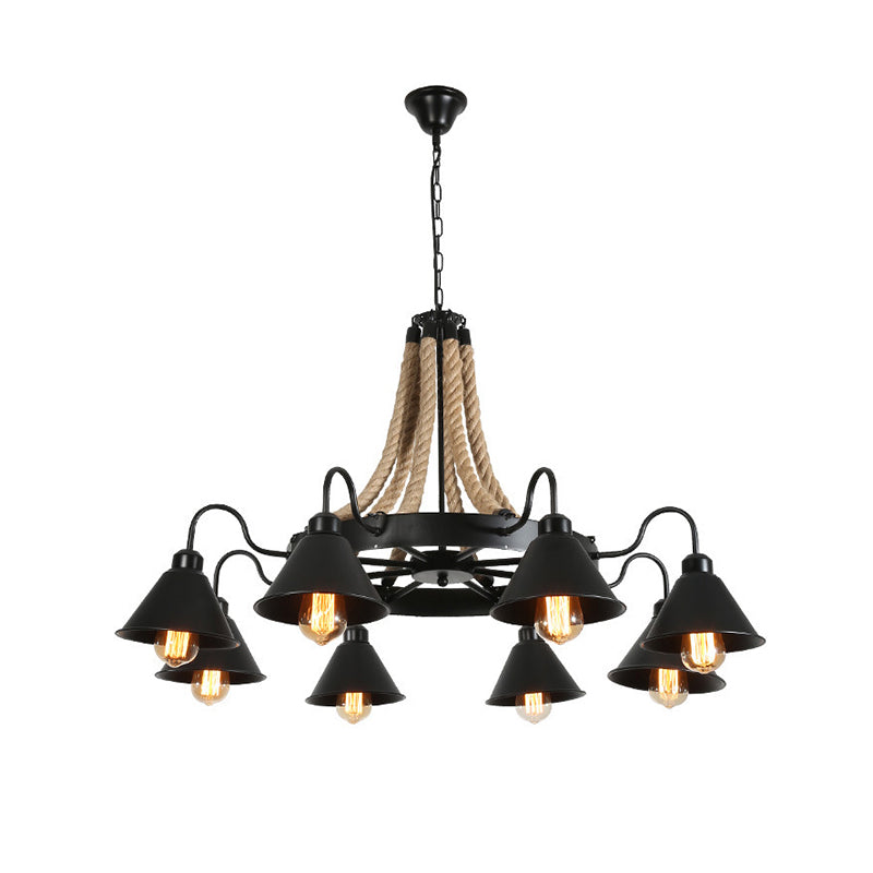Industrial Black Iron Chandelier with Conical Shape, Wheel and Hemp Decoration