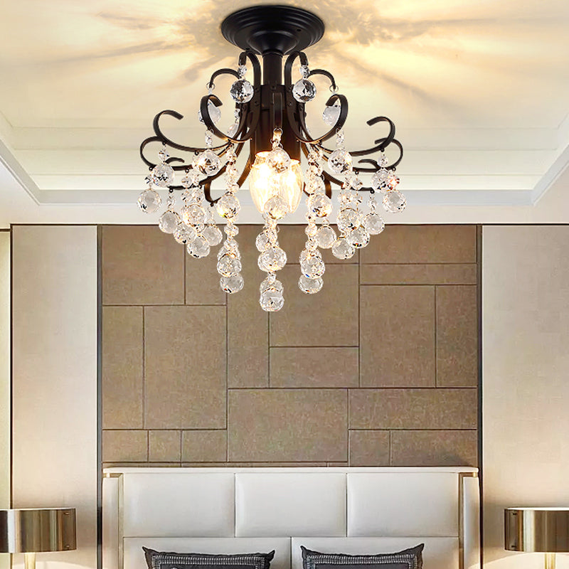 Vintage Swirl Metal Semi-Flush Ceiling Lighting with Crystal Orbs (3 Bulbs)