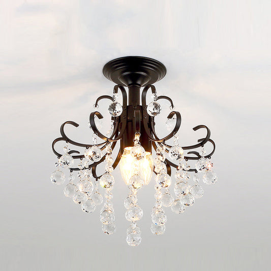Vintage Swirl Metal Semi-Flush Ceiling Lighting with Crystal Orbs (3 Bulbs)