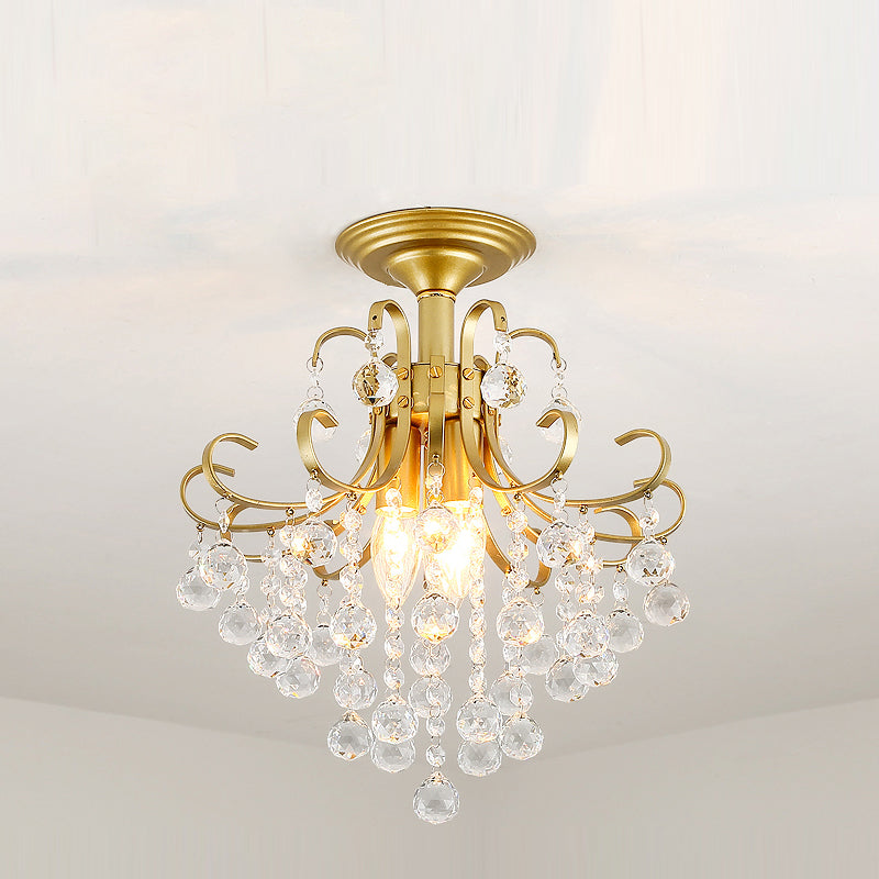 Vintage Swirl Metal Semi-Flush Ceiling Lighting with Crystal Orbs (3 Bulbs)