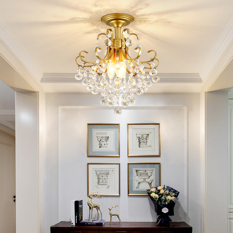 Vintage Swirl Metal Semi-Flush Ceiling Lighting with Crystal Orbs (3 Bulbs)