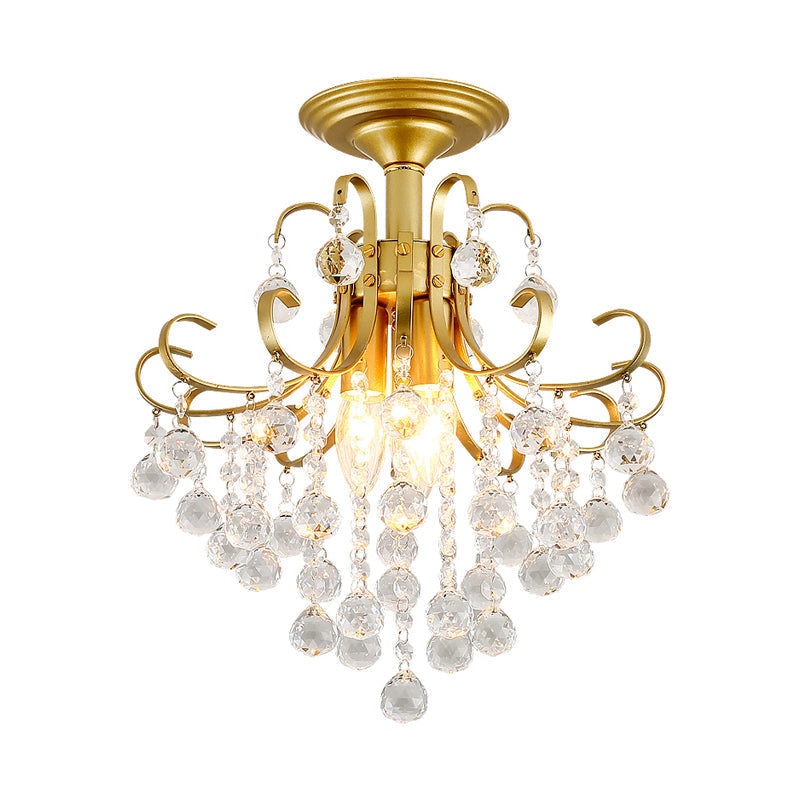 Vintage Swirl Metal Semi-Flush Ceiling Lighting with Crystal Orbs (3 Bulbs)