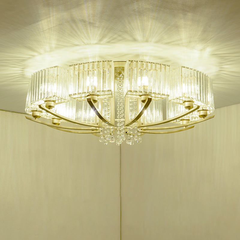 Plafonnier semi-encastré en cristal prismatique doré pour salon - Montage au plafond circulaire minimaliste