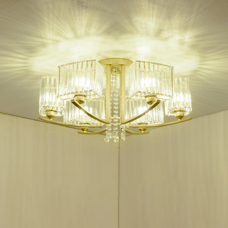 Plafonnier semi-encastré en cristal prismatique doré pour salon - Montage au plafond circulaire minimaliste
