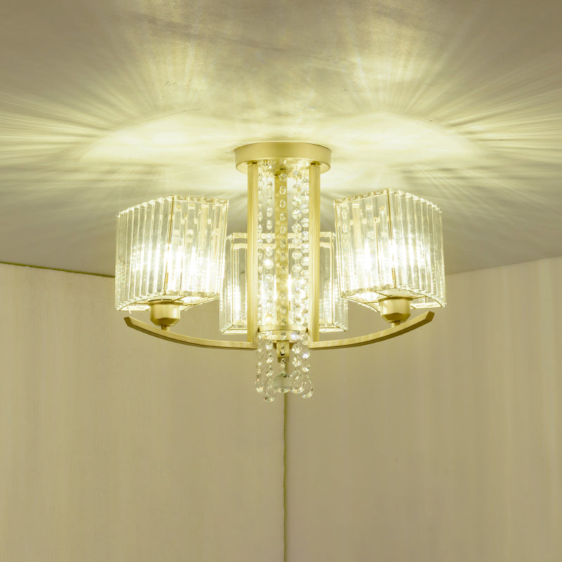 Plafonnier semi-encastré en cristal prismatique doré pour salon - Montage au plafond circulaire minimaliste