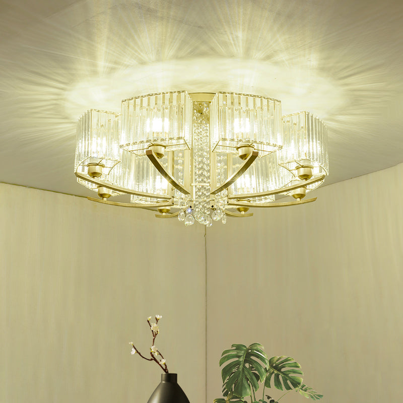 Plafonnier semi-encastré en cristal prismatique doré pour salon - Montage au plafond circulaire minimaliste