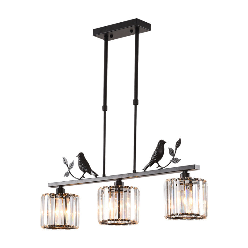 Rustic 3-Head Cylindrical Crystal Island Lighting For Dining Room With Bird And Leaf Decor