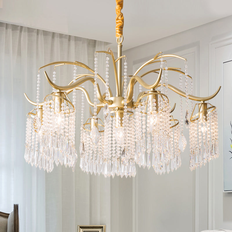 Antique Crystal Tassel Chandelier Lamp With Gold Finish - Elegant Bedroom Hanging Light Fixture