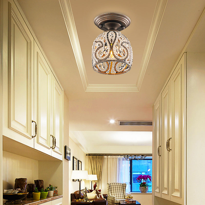 Rustic Crystal and Metal Semi Flush Mount Dome Corridor Ceiling Light, Bronze Finish, 1 Light