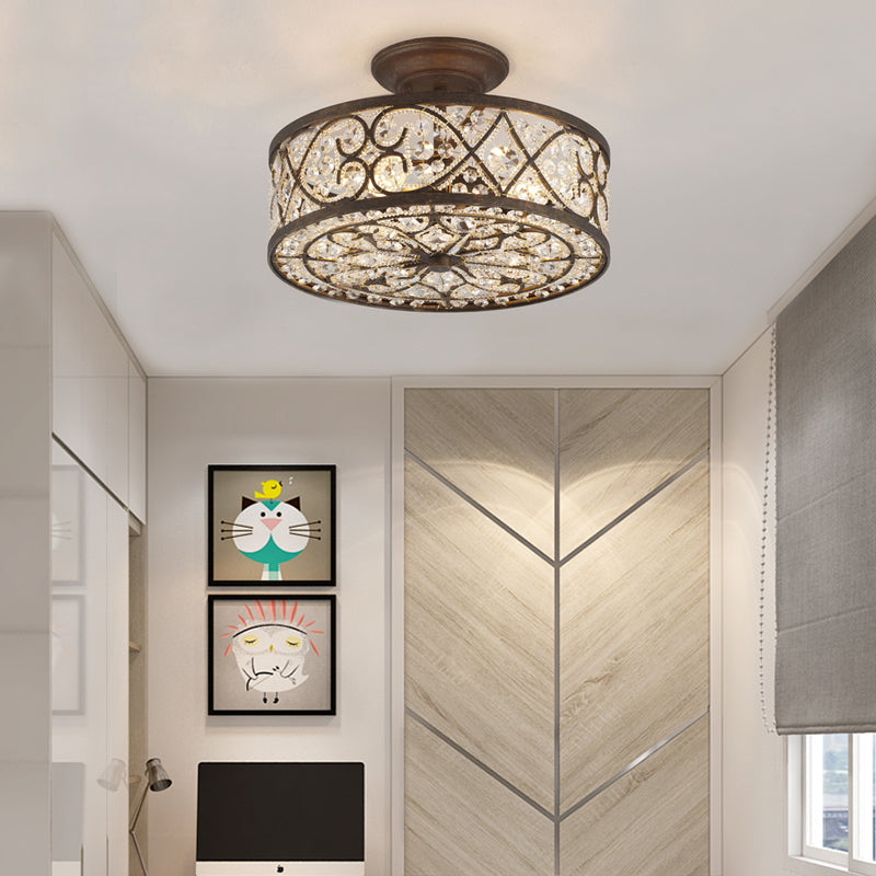 Rustic Metal and Crystal Drum Bedroom Ceiling Light Fixture - Semi Flush, 3 Lights