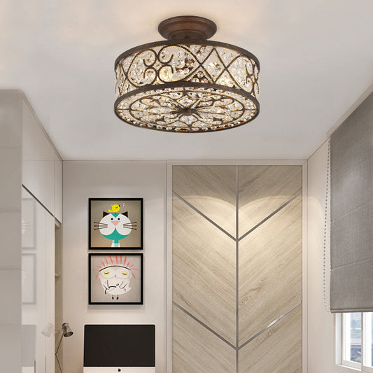 Rustic Metal and Crystal Drum Bedroom Ceiling Light Fixture - Semi Flush, 3 Lights