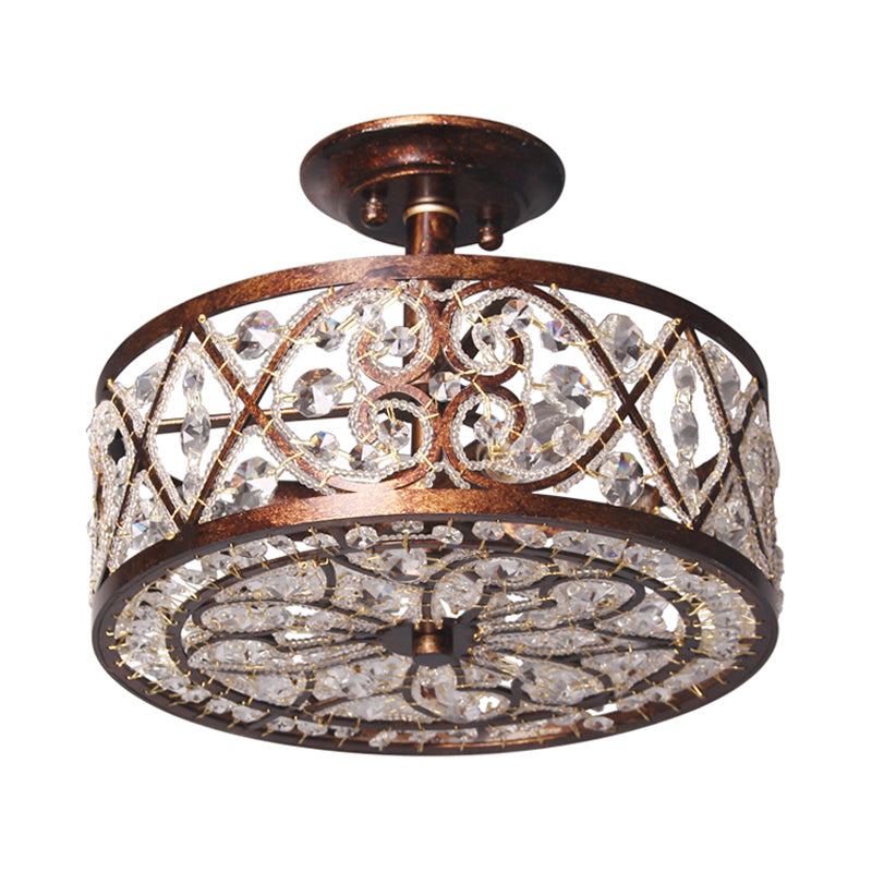 Rustic Metal and Crystal Drum Bedroom Ceiling Light Fixture - Semi Flush, 3 Lights