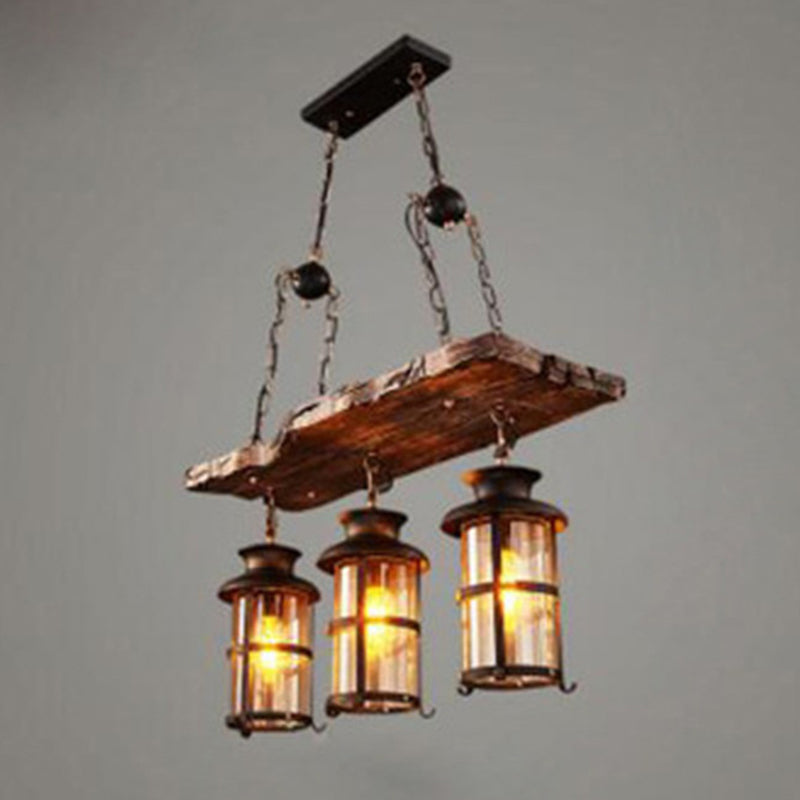 Lustre en verre à 3 lumières de style nautique avec décoration en planches de bois marron