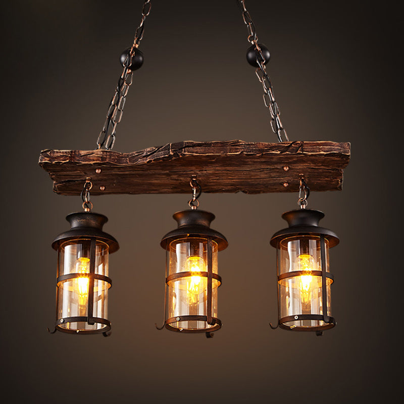 Lustre en verre à 3 lumières de style nautique avec décoration en planches de bois marron