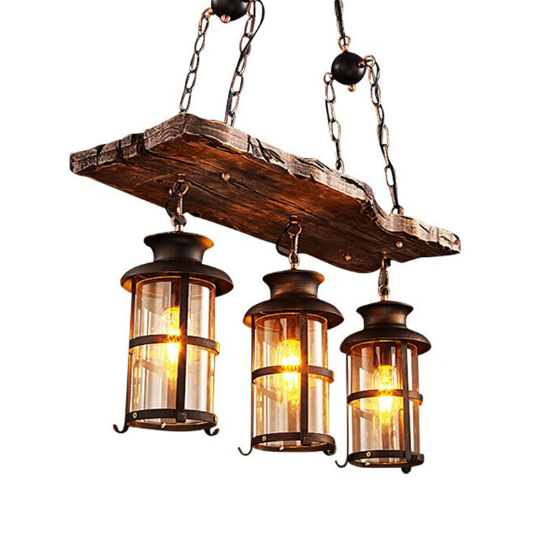 Lustre en verre à 3 lumières de style nautique avec décoration en planches de bois marron