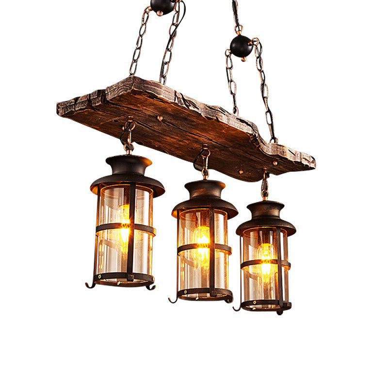 Lustre en verre à 3 lumières de style nautique avec décoration en planches de bois marron