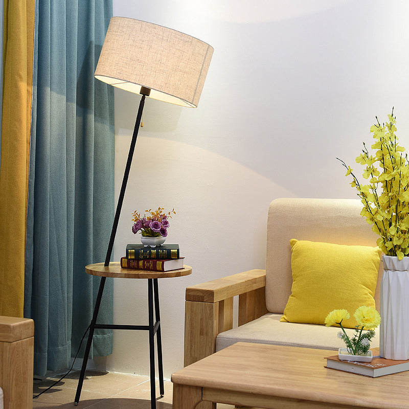 Minimalist Drum Floor Lamp In Black With Wooden Tray And Pull Chain Ideal For Living Room