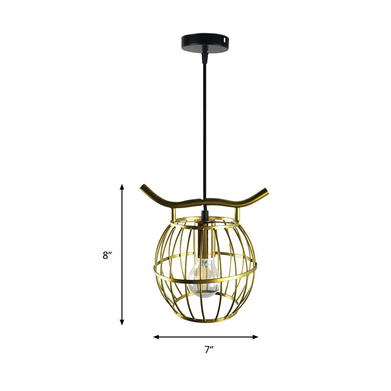 Vintage Gold Orb Cage Pendant Light Fixture - 1 Metal Hanging For Stairway