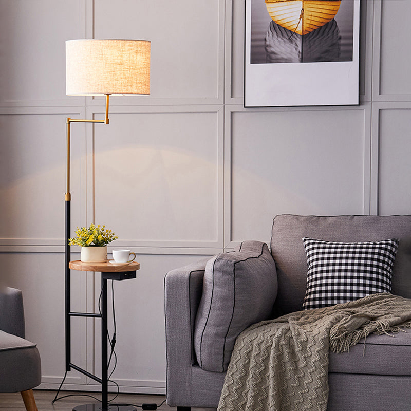 Modern Round Floor Lamp With Fabric Shade And Wood Tray For Living Room