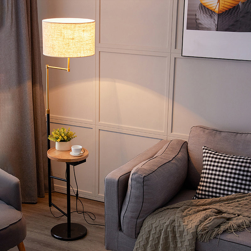 Modern Round Floor Lamp With Fabric Shade And Wood Tray For Living Room