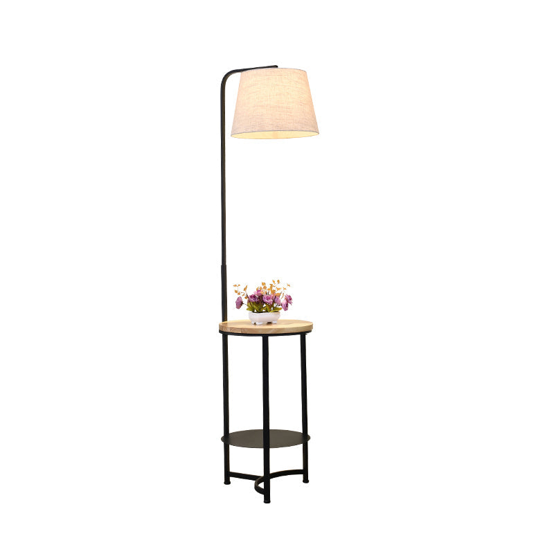 Contemporary Round Fabric Floor Lamp With 2-Tier Shelf - Single-Bulb White Standing Lighting