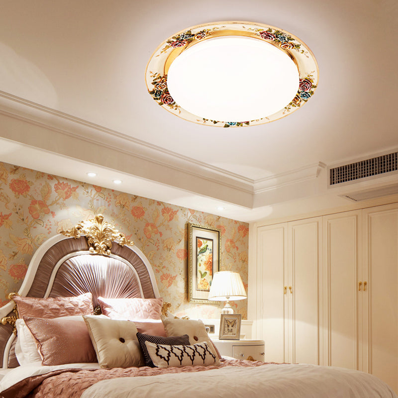 LED Flush Mount Ceiling Light - Traditional Grey/Red/Green with Round Resin Shade - Bedroom Lighting